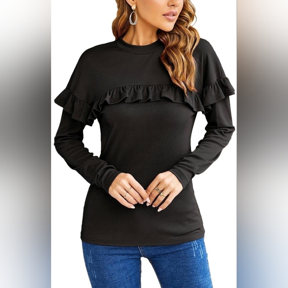 New with tags! Kojooin Womens Medium Black ruffle long sleeve top